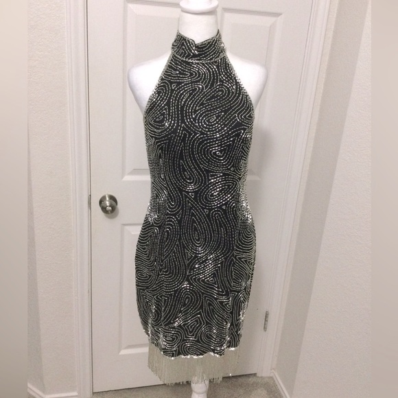 Vintage AJ Bari Black Sequin Sleeveless Dress Size 10 - Picture 1 of 8